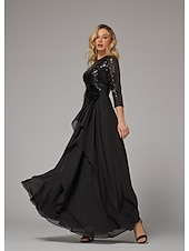 preiswerte SCHWARZ-A-Linie Abendkleid elegantes Kleid formell asymmetrisch Langarm Stehkragen Chiffon mit Federn Perlen Pailletten 2025