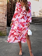 preiswerte Lässige Blumenkleider-Damen Maxidress Casual kleid Schaukelkleid A Linie Kleid Brautkleider schlicht Täglich Regular Fit Blumen Langarm V Ausschnitt Rote Blau Aprikose Sommer Frühling Herbst