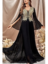 economico NERO-Abito da soirée a linea A elegante per matrimoni con strascico  strascico a spazzola maniche lunghe scollatura a V in chiffon con glitter