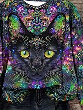 abordables Animaux Tops-pull femme décontracté chat vêtements de tous les jours décontracté col rond imprimé manches longues violet automne hiver
