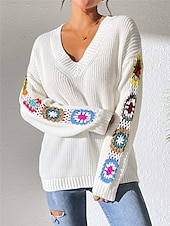 economico Motivi grafici e dettagli-Per donna Felpa Informale Morbido Floreale Uncinetto A V Lavorato a maglia Manica lunga Top regolari Maglia Esterno Giornaliero Fine settimana Nero Bianco Autunno Inverno