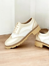 cheap 1930s-Women&#039;s Beige and White Oxford Brogue Shoes - Vintage Lace-Up Low Heel Casual Shoes for Everyday Wear