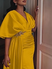 cheap YELLOW-Sheath Evening Gown Elegant Dress Formal Sweep / Brush Train Half Sleeve V Neck Satin with Pleats Ruched Crystals