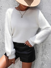 cheap Solid Colors-Women&#039;s Sweater Casual Soft Pure Color Ribbed Crew Neck Lace Patchwork Knitted Long Sleeve Regular Tops Knit Outdoor Daily Weekend Black White Fall Winter