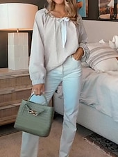 preiswerte Blumenblusen-Damen Hemd Bluse Druck Gestreift Basic Lässig Langarm Rundhalsausschnitt Normale Oberteile Täglich Rosa Khaki Leicht Blau Frühling &amp; Herbst