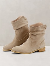 levne Slouch Boots-dámské béžové semišové kotníkové boty – ležérní a pohodlné boty západního stylu na nízkém podpatku