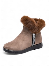 baratos Botas de neve e inverno-botins femininos de camurça bordô com punho de pele sintética e sola antiderrapante – calçados quentes de inverno para uso casual e ao ar livre