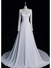cheap Wedding Dresses-Wedding Dresses A-Line Notch lapel collar Long Sleeve Court Train Satin Bridal Gowns With Solid Color