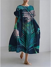 economico abiti stampati in cotone e lino-Per donna Abito maxi Abiti ispirati al lino Vestito Casual Vestito a ruota Casual Quotidiano Vestibilità regolare Floreale Manica Lunga Girocollo Blu marino Blu Verde Primavera Autunno