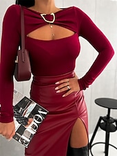 preiswerte Damen-Oberteile-Bluse Damen Schwarz Weiß Rote Solide / einfarbig Gestrickt Loch Täglich Elegant V Ausschnitt S