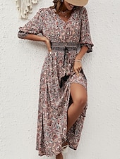 abordables Robes Bohémiennes-Femme Robe Maxi Robe casual Robe Évasée Robe Trapèze robe boheme Décontractées du quotidien Standard Floral Cachemire Demi Manches Col V Bleu Marron Eté Printemps Automne