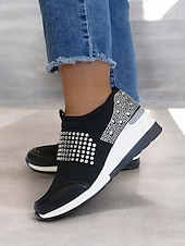 billige Sneakers til kvinner-rhinestone slip-on plattformsneakers for kvinner – stilige fritidssko med piggpynt og komfortabel kilehæl