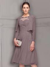 economico Con giacca-abito da sera a trapezio in due pezzi, abito da madre della sposa, elegante, scollo a V, lunghezza al ginocchio, in chiffon, pizzo, maniche lunghe con applicazioni in pizzo 2025