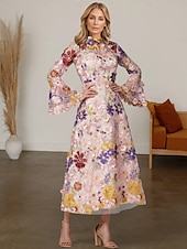 cheap Floor Length-Beach Wedding A-Line Mother of the Bride Dress Formal Wedding Guest Elegant High Neck Ankle Length Tulle Long Sleeve with Embroidery Flower 2025 free custom size