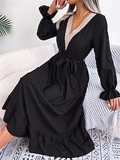 abordables Robe de cocktail-Robe casual Robe Évasée Robe Trapèze Femme Robe mi-longue Patchwork Avec ceinture Sport &amp; Loisir Plein Air Décontractées Col V manche longue Standard Noir Vin Vert S M L XL