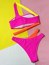 preiswerte Bikini-Sets-Damen Badeanzug Bikinis 2 Stück Cheeky-Bikinihose Bademode Rückenfrei Schlank Urlaub Strandbekleidung Farbblock Asymmetrischer Hals Ärmellos Badeanzüge