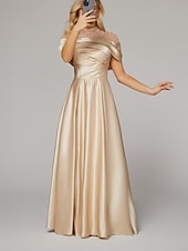 cheap CHAMPAGNE-A-Line Evening Gown Elegant Dress Formal Floor Length Short Sleeve Illusion Neck Satin with Ruched Beading