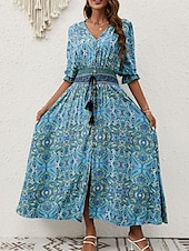 abordables Robes Bohémiennes-Femme Robe Maxi Robe casual Robe Évasée Robe Trapèze robe boheme Décontractées du quotidien Standard Floral Cachemire Demi Manches Col V Bleu Marron Eté Printemps Automne