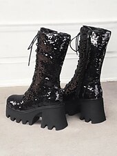 abordables Botas con plataforma-Botas de plataforma con cordones y lentejuelas para mujer: botas de tacón grueso brillantes en verde y azul para fiestas, festivales y cosplay