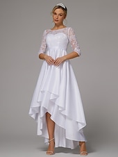 economico Abiti bianchi-Abiti da sposa abito A-Line collo a barca maniche lunghe asimmetrico abiti da sposa in satin con pieghe mono colore