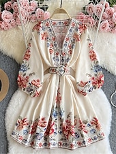 abordables Robes Bohémiennes-Femme Robe mi-longue Robe casual Robe Évasée Robe Trapèze robe boheme Rétro Vintage Décontractées du quotidien Standard Floral manche longue Col V Bleu de minuit Beige Printemps Automne