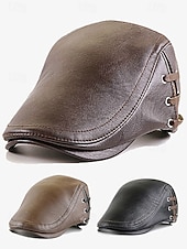 cheap Men&#039;s Hats-Men&#039;s Classic Faux Leather Newsboy Cap – Vintage Flat Ivy Hat with Lace-Up Side Details for Casual and Formal Looks