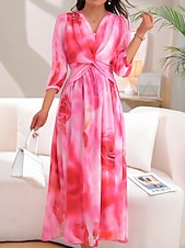 preiswerte Elegante Blumenkleider-Damen Maxidress Kleid drucken Graphic Modisch elegante kleider Party Täglich Verabredung Hohe Taillenlinie 3/4 Ärmel V Ausschnitt Kleid Regular Fit Rote Blau Frühling Herbst S M L