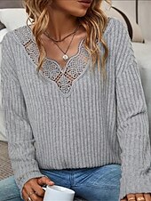 preiswerte Spitzenoberteile-Damen Hemd Bluse Feste Farbe Basic Brautkleider schlicht Langarm V Ausschnitt Normale Oberteile Täglich Spitze Patchwork Grau Herbst Winter