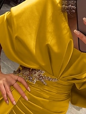 cheap YELLOW-Sheath Evening Gown Elegant Dress Formal Sweep / Brush Train Half Sleeve V Neck Satin with Pleats Ruched Crystals