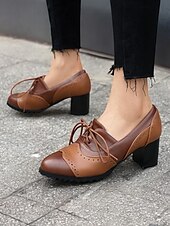 cheap 1950s-Women&#039;s Vintage-Inspired Two-Tone Faux Leather Brogue Oxfords with Block Heel - Classic and Comfortable for Work or Casual Wear