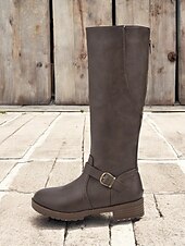 baratos Botas da moda-botas femininas marrons de cano alto com zíper lateral e fivela, salto baixo e design durável – perfeitas para uso casual e ao ar livre