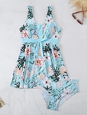 billiga Badessor-Dam Badkläder Tankini 2 st Kaxig Baddräkt Öppen rygg Magkontroll Hög midja Smal Semester Standkläder Blommig Halterneck Ärmlös Baddräkter