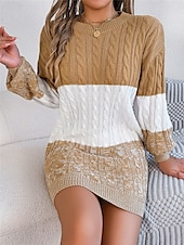 cheap Sweater Dress-Women&#039;s Sweater Sweater Dress Casual Soft Color Block Ribbed Crew Neck Knitted Long Sleeve Long Tops Knit Outdoor Daily Weekend Black Wine Fall Winter