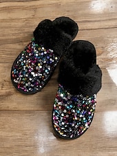 preiswerte Damenslipper &amp; Flip-Flops-Schwarze, mit Pailletten und Fell gefütterte Damen-Hausschuhe mit mehrfarbigem Glitzer und bequemer Sohle – ideal für Luxus und Wärme in Innenräumen