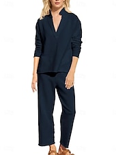 cheap Sets-Women&#039;s Linen-Inspired Sets Two Piece Sets Blouse Chinos Long Sleeve Solid Color Navy Blue Green Beige Fall Regular Fit