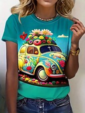 billige Boho t-skjorte-Dame T skjorte Tegneserie Fritid Kortermet Rund hals Vanlige topper Daglig Trykt mønster Blå Høst Vinter