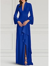 abordables violet-robe de soirée sirène / trompette robe élégante robe formelle de mariage invité balayage / pinceau train manches longues col en V crêpe extensible avec plis bretelles froncées 2025