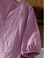 preiswerte Hemden-Damen Hemd Leinen-inspirierte Hemden Einfarbig Blumen Lässig Boho Dreiviertelarm Ellbogenärmel V Ausschnitt Normale Oberteile Urlaub Party Täglich Bestickt Gras-Grün Purpur Herbst Frühling &amp; Sommer
