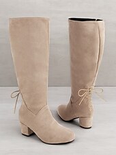 abordables Bottes à la mode-bottes hautes en daim beige à mollet large pour femmes avec talons épais – chaussures confortables et élégantes pour les tenues décontractées et hivernales