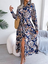 billiga Bohemklänningar-Dam Maxiklänning Vardagsklänning Swingklänning A linjeklänning Boho-klänning Ledigt Dagligen Normal Blommig Långärmad Tröjkrage Kungsblå Sommar Vår Höst