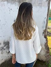 preiswerte Damen Einfache Oberteile-Damen Hemd Bluse Feste Farbe Basic Brautkleider schlicht 3/4 Ärmel Rundhalsausschnitt Normale Oberteile Täglich Knopf Weiß Herbst Winter