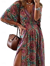 abordables Robes Bohémiennes-Femme Robe Maxi Robe casual Robe Évasée Robe Trapèze robe boheme Décontractées du quotidien Standard Floral Demi Manches Col V Fuchsia Eté Printemps Automne