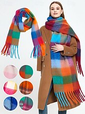 abordables Bufandas de mujer-Bufanda de invierno de gran tamaño con cuadros coloridos para mujer | Chal suave y cálido similar a la lana con borlas | Accesorio moderno para clima frío para atuendos casuales y formales
