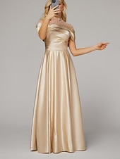 cheap CHAMPAGNE-A-Line Evening Gown Elegant Dress Formal Floor Length Short Sleeve Illusion Neck Satin with Ruched Beading
