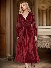 abordables vestido de fiesta-Vestido midi de terciopelo con escote en V fruncido