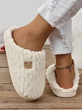 economico Ciabatte e infradito da donna-pantofole da donna in pile con adorabile ricamo a forma di orso – calde pantofole da casa per il comfort invernale
