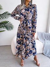 billiga Bohemklänningar-Dam Maxiklänning Vardagsklänning Swingklänning A linjeklänning Boho-klänning Ledigt Dagligen Normal Blommig Långärmad Tröjkrage Kungsblå Sommar Vår Höst