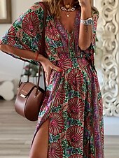 abordables Robes Bohémiennes-Femme Robe Maxi Robe casual Robe Évasée Robe Trapèze robe boheme Décontractées du quotidien Standard Floral Demi Manches Col V Fuchsia Eté Printemps Automne