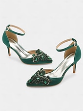 cheap Classic Pumps-Women's Emerald Green Satin Ankle Strap Heels – Pointed Toe Cocktail Shoes with Crystal Embellishments for Parties and Weddings