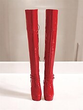 levne Módní boty-dámské lakované boty na gogo platformě po stehna z umělé kůže – elegantní design nad kolena s blokovými podpatky a detaily přezky, ideální na večírky a módní prohlášení